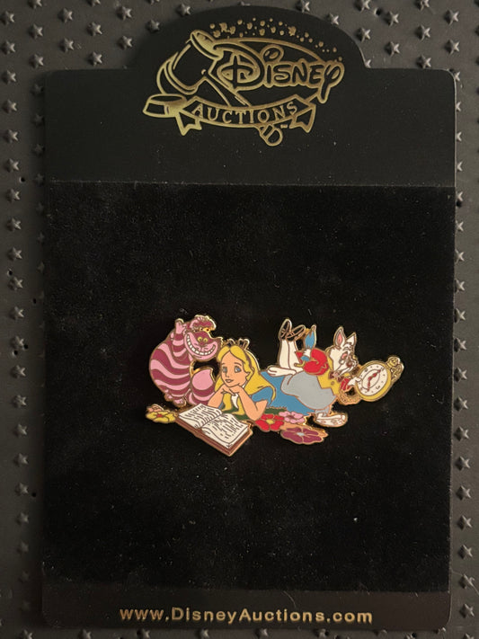 Alice in Wonderland reading with Cheshire and White Rabbit pin