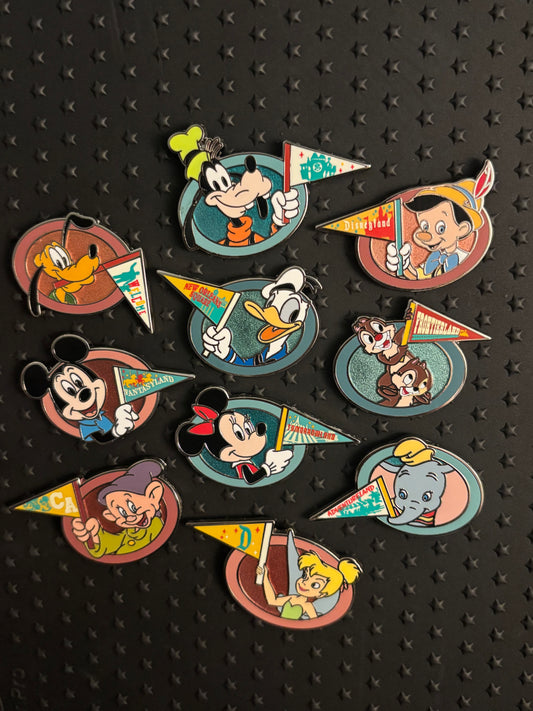 Disneyland Niftie Fifties Character Pennant Mystery Pin set